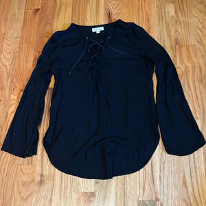 Cloth & Stone Anthropologie Lace Up Tie Neck Long Sleeve Tunic Top; Black Size S